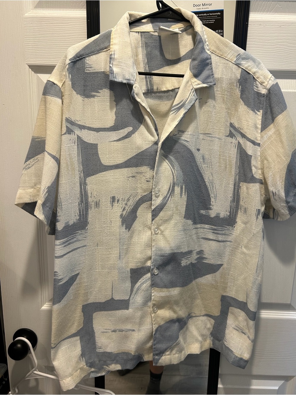 Men's Short-Sleeve Button-Down Shirt in Light Blue and Cream Abstract Print